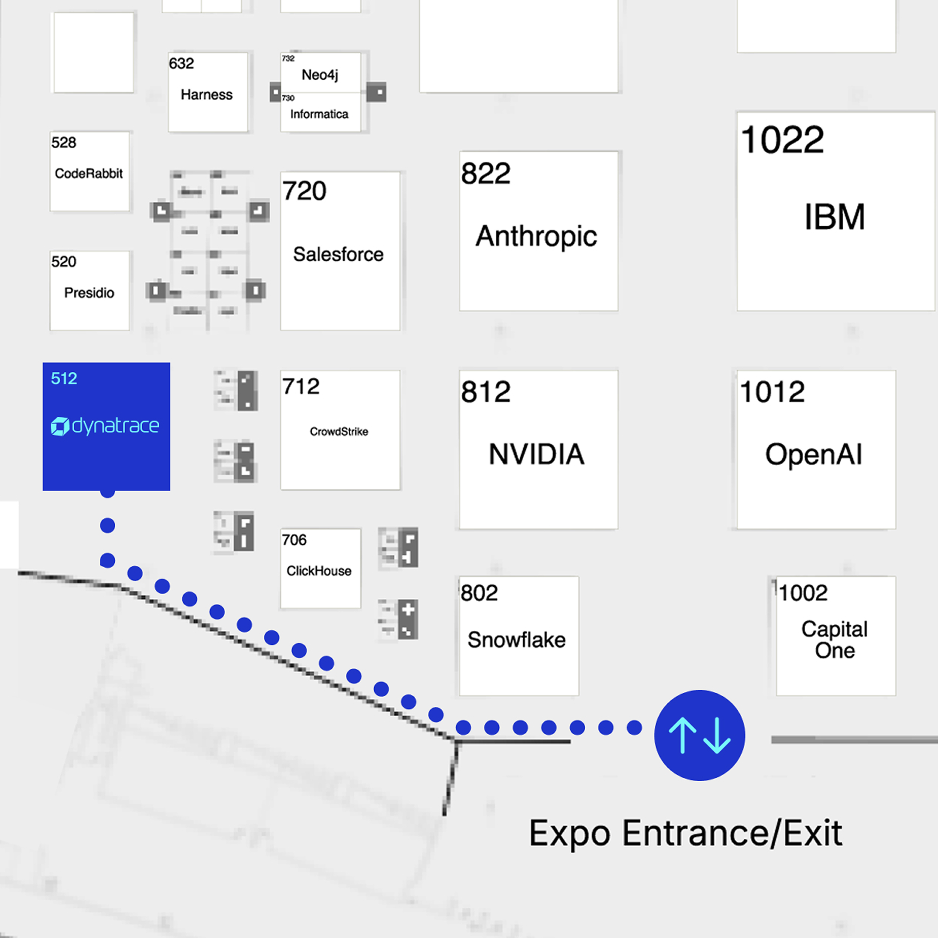Expo floor map showing Dynatrace at booth 512