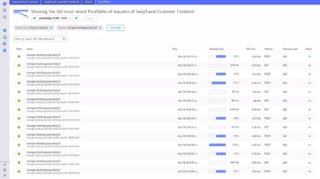 Captura de pantalla de la lista de las últimas trazas de PurePath de una solicitud web en Dynatrace